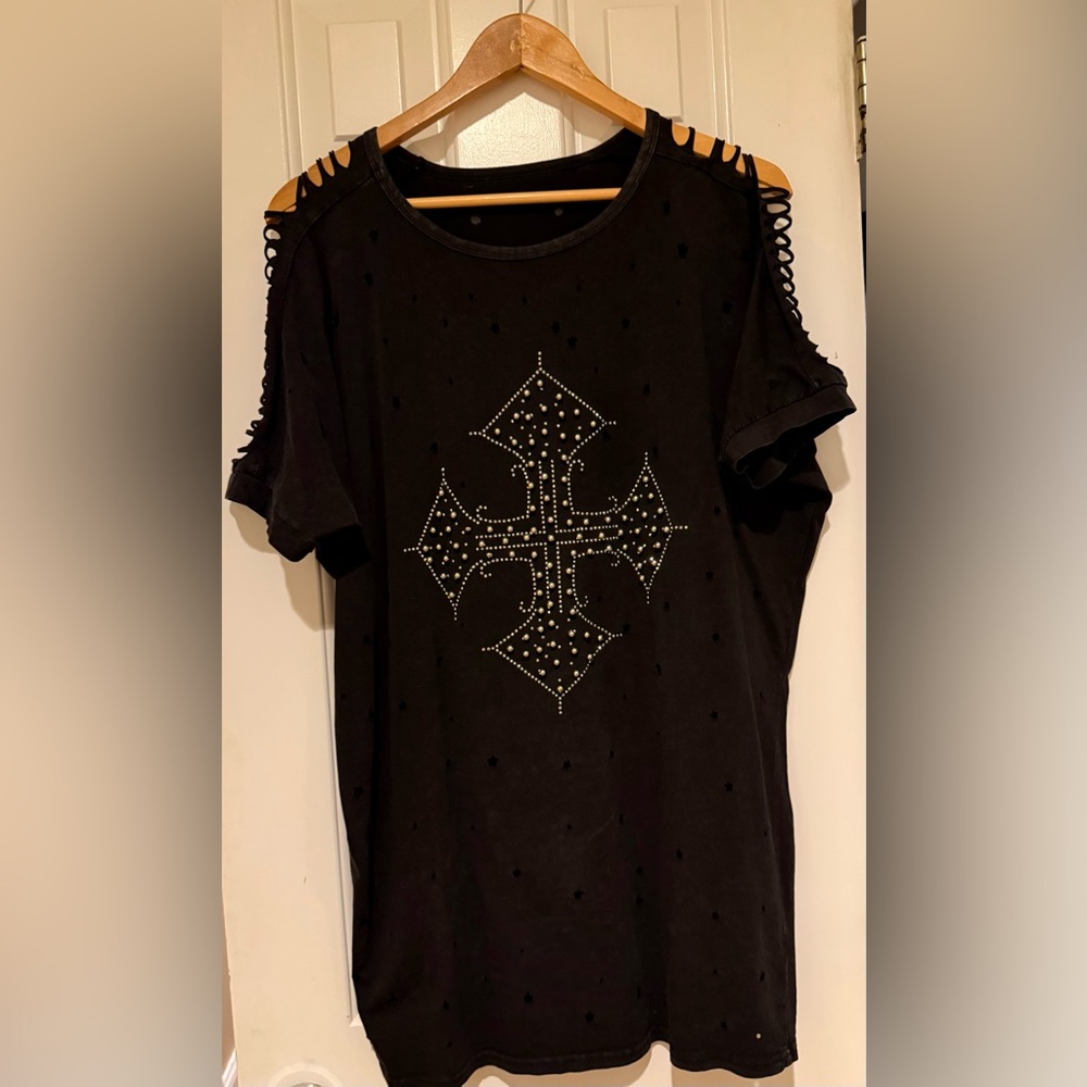 Black Studded Cross T-Shirt dress - Picture 2 of 7